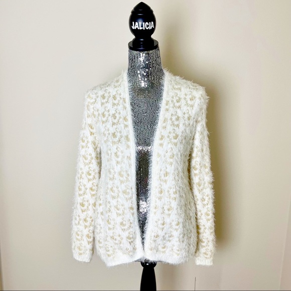 XOXO Sweaters Xoxo Fuzzy Beige And Gold Cardigan Sweater Poshmark